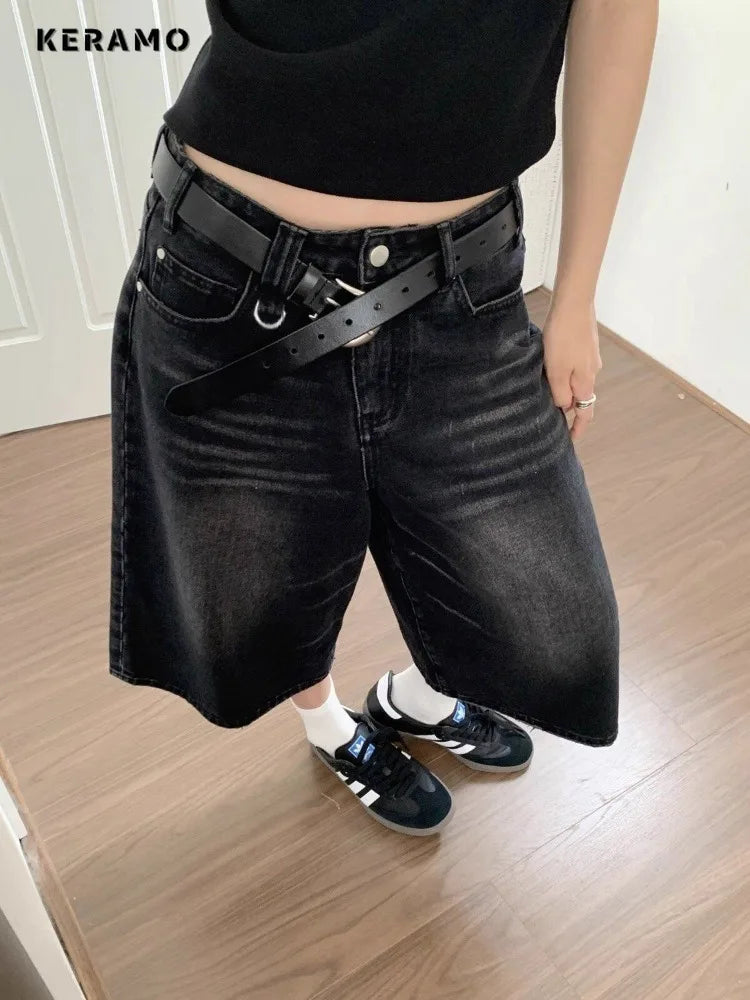 Short Jean Femme Taille Haute Noir Vintage Harajuku Y2K Streetwear – Denim Lavé Loose Casual Mi-Long | Mode