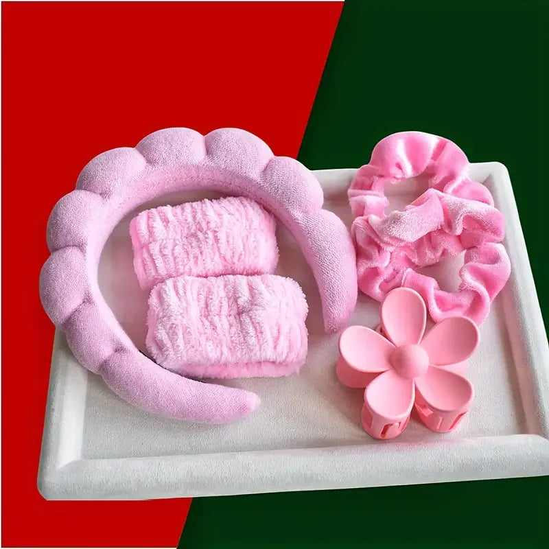 Set Spa 6 Pièces Velours - Bandeau, Pince & Bracelets Soin Visage & Maquillage