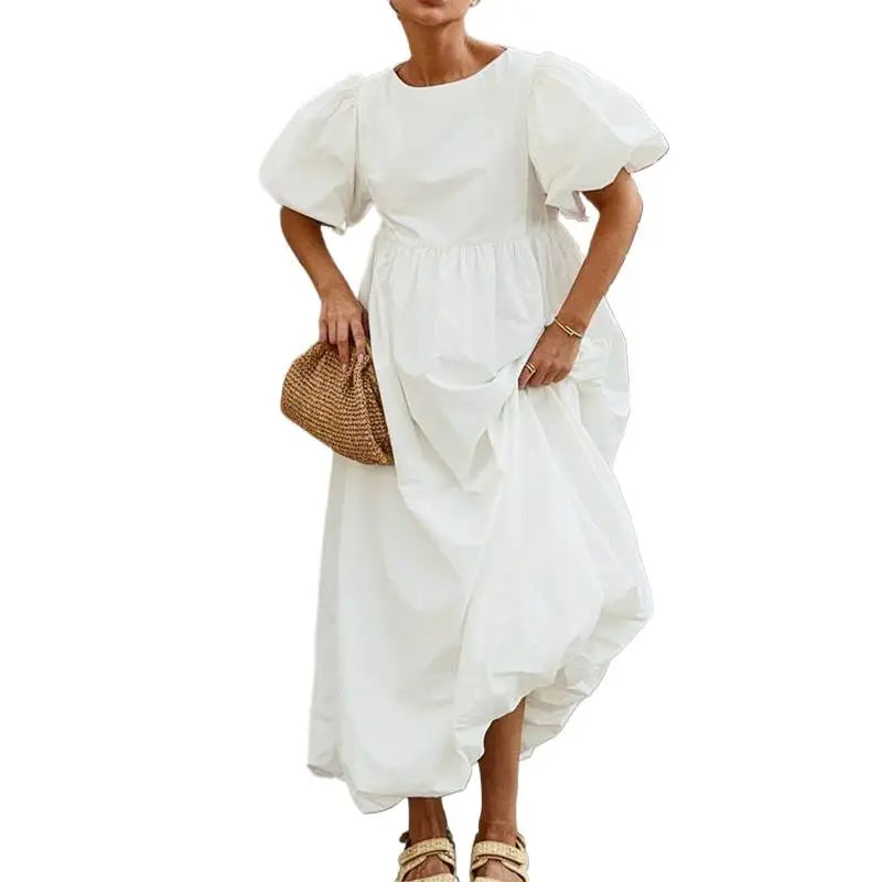 Robe Maxi Femme Boho Blanche Manches Bouffantes Taille Haute Ample Coton – Longue Été Bohème
