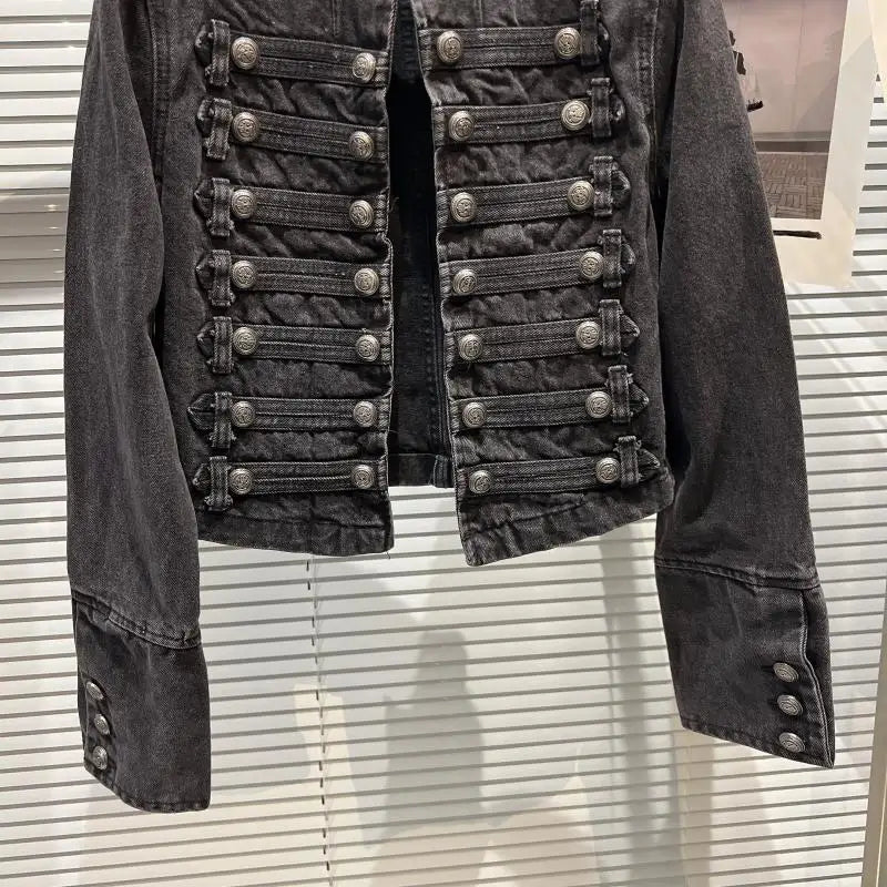 Veste en Jean Femme Style Punk Noir Col Montant Vintage Washed Manches Longues Loose – Blouson Moto Automne | Streetwear