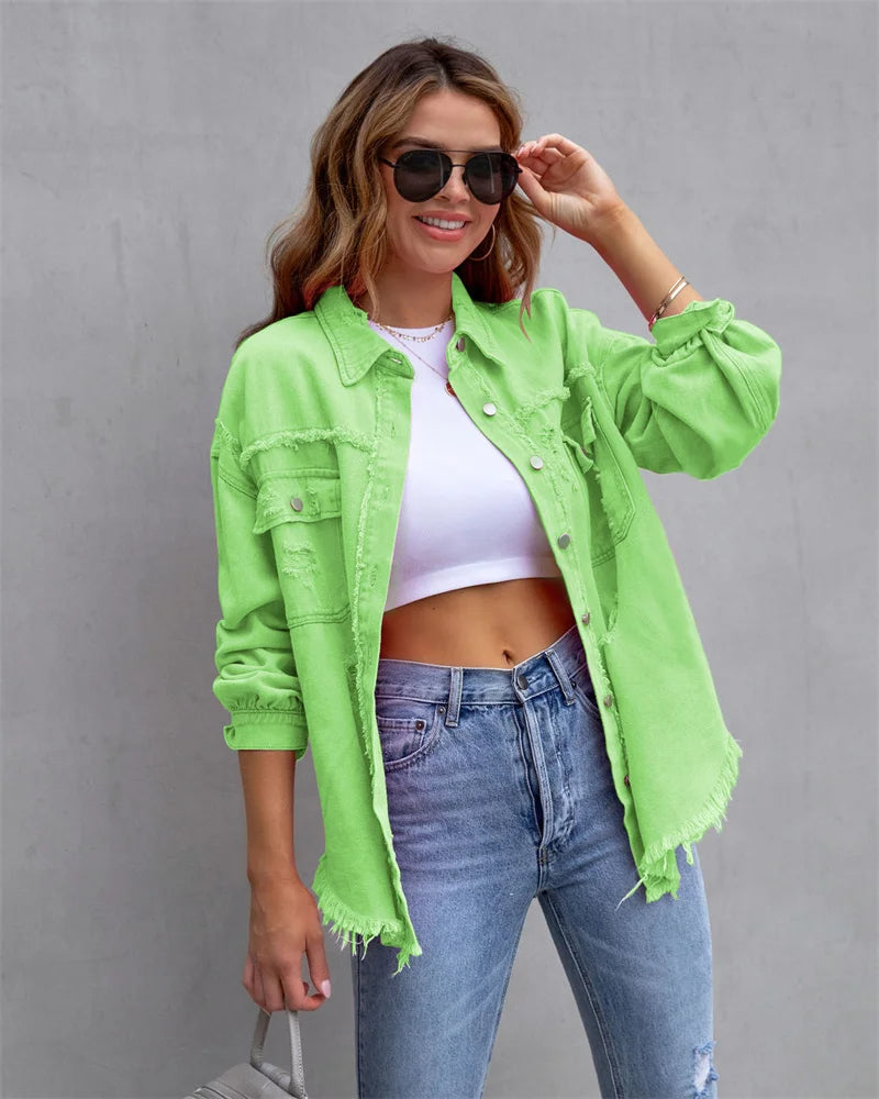 Veste en Jean Femme Bords Bruts Troués – Style Chemise Casual | Printemps Automne Tendance 2025