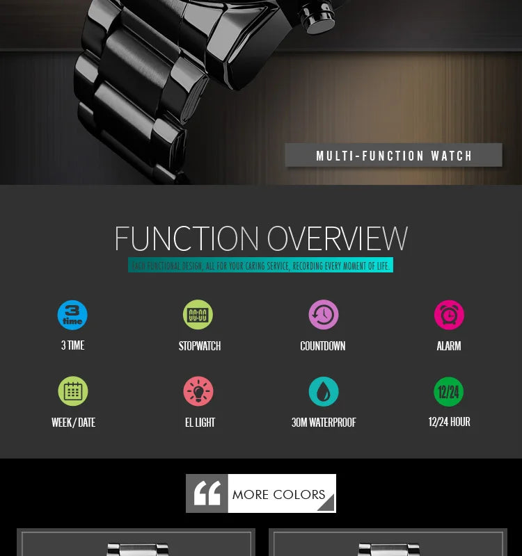 Montre Homme SKMEI Luxe Bracelet Acier 3 Fuseaux Horaires LED Sport Alarme Analogique Digitale Chronomètre | Montre SKMEI Multifonction Sport Luxe Premium