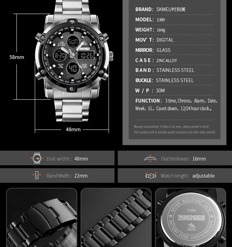 Montre Homme SKMEI Luxe Bracelet Acier 3 Fuseaux Horaires LED Sport Alarme Analogique Digitale Chronomètre | Montre SKMEI Multifonction Sport Luxe Premium