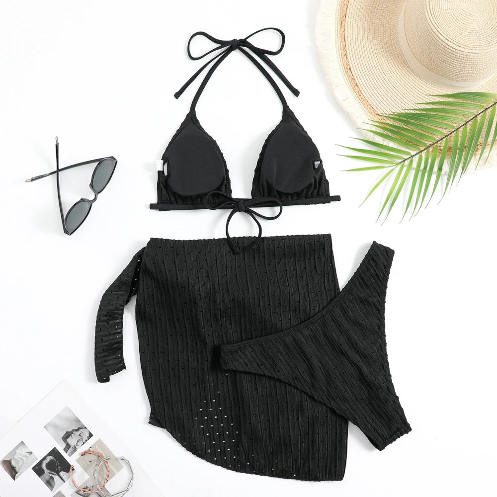 Bikini 3 Pièces Halter Femme Sexy Tanga – Maillot de Bain Avec Paréo Jupe | Blanc Noir Rose Vert Été