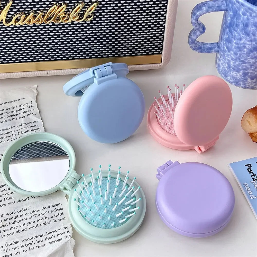 Peigne Pliable avec Miroir Maquillage – Brosse Coussin d’Air Massage | Outil Coiffure Portable Femme