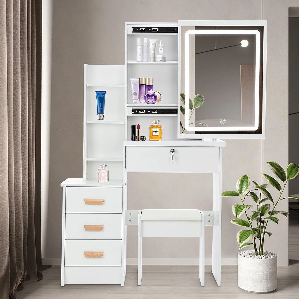 Coiffeuse avec Miroir & Tabouret Blanc – Tiroirs & Étagères Ouvertes | Bureau Maquillage Chambre