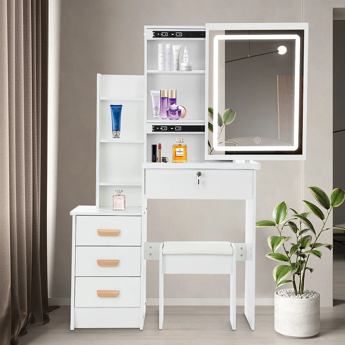 Coiffeuse avec Miroir & Tabouret Blanc – Tiroirs & Étagères Ouvertes | Bureau Maquillage Chambre