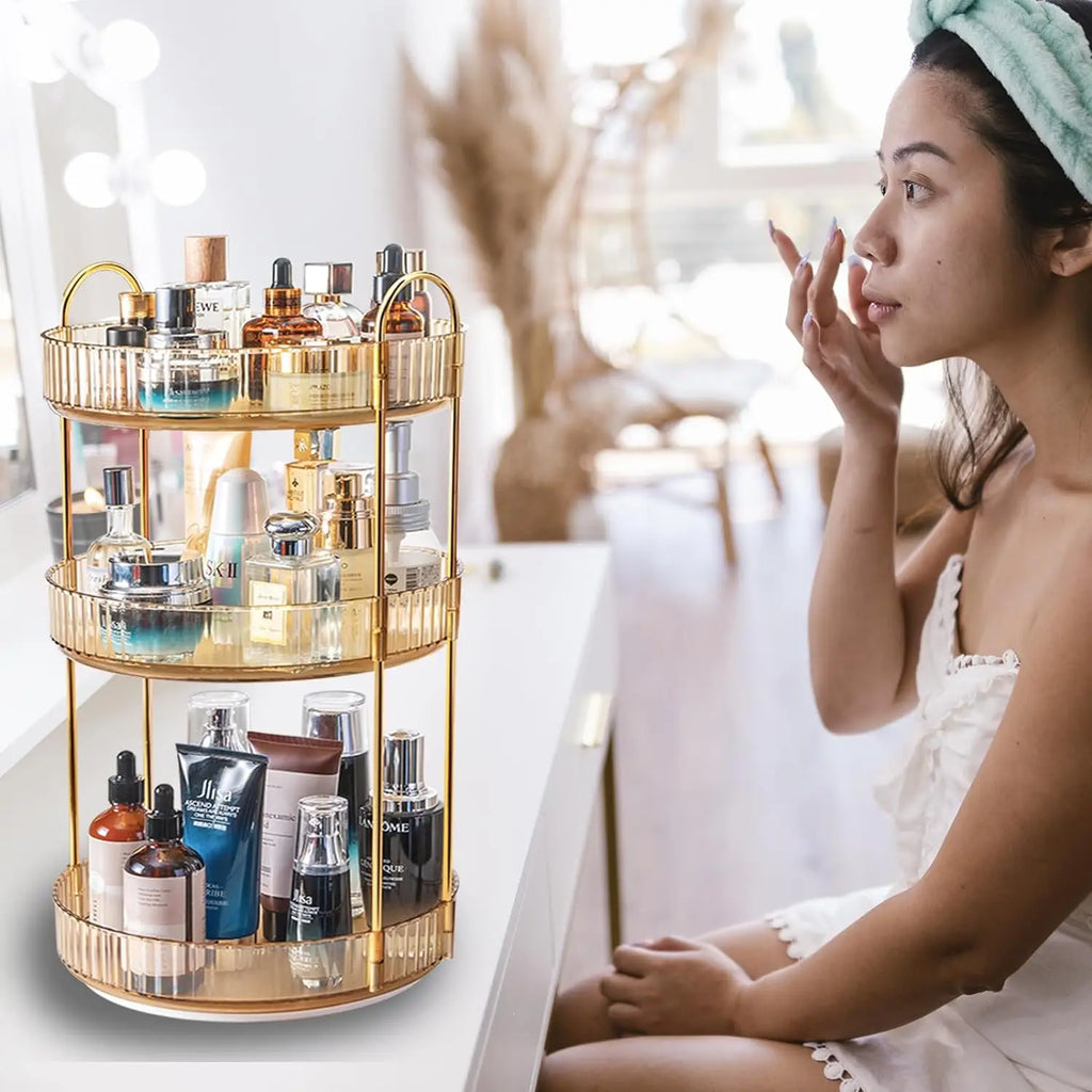 Organisateur Maquillage Rotatif 3 Niveaux Transparent – Grande Capacité | Skincare, Parfums & Cosmétiques | Coiffeuse & Plan de Travail