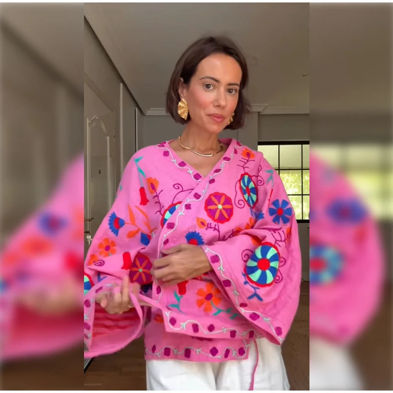 Veste Courte Femme Rose Brodée Laçage Col V Manches Longues Élégante – Casual Chic Street | Automne