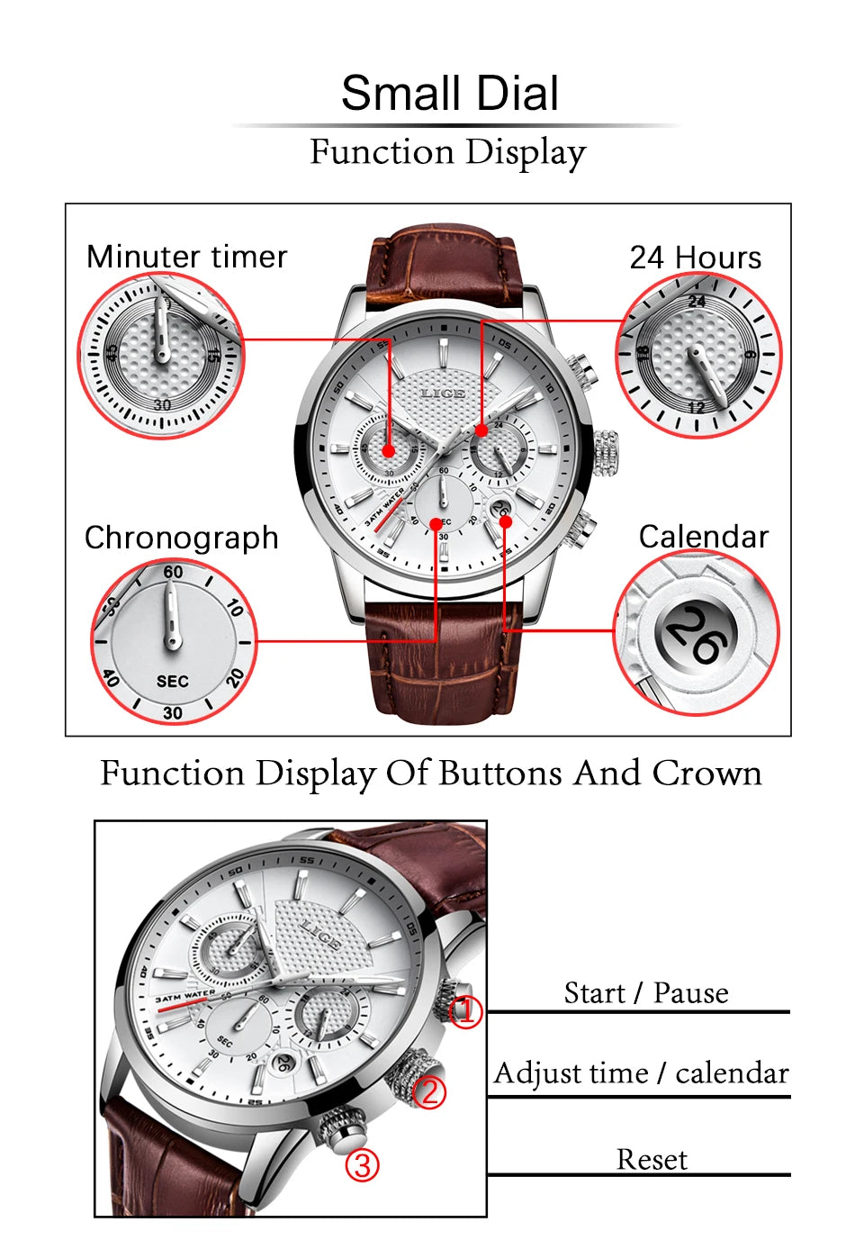Montre Homme Luxe LIGE Chronographe Quartz Cuir – Business Sport Étanche Date 2025