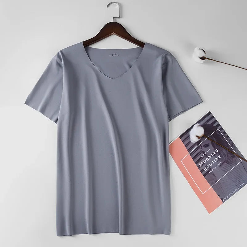 T-Shirt Sous-Vêtement Homme Soie de Glace Col V Sans Couture Slim Respirant Léger Grande Taille – Maillot de Corps Fin Confortable | Mode Homme Essentiel