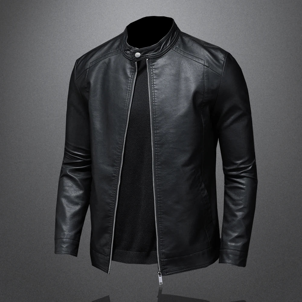 Herren-PU-Lederjacke, schmal geschnitten, Stehkragen, Motorrad, Biker, modisch, leger, Frühling, Herbst, elegant, trendig, robust – Premium Biker Motorrad Lederjacke | Premium Biker Motorrad Mode für Herren
