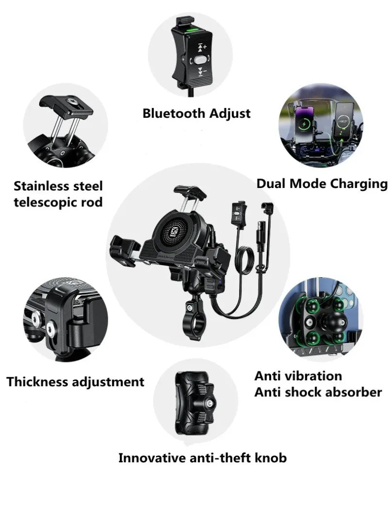 Support Téléphone Moto Chargeur Sans Fil 15W + USB-C 36W – Anti-Vol Anti-Vibration Guidon