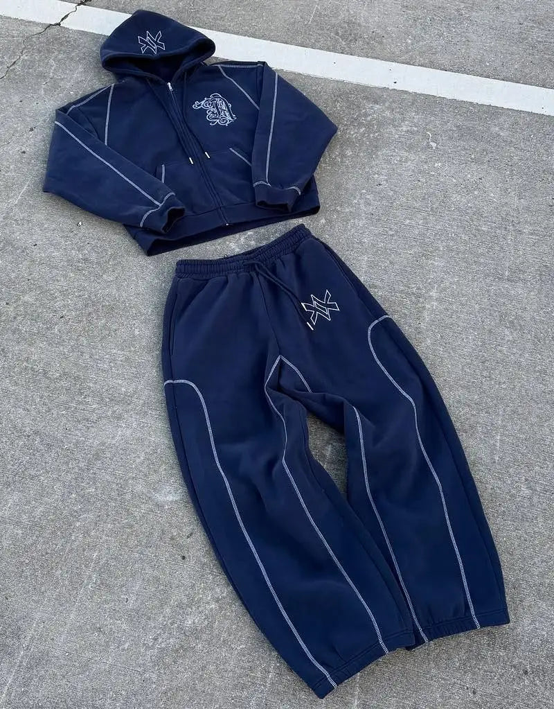 Ensemble 2 Pièces Y2K Américain Unisexe – Sweat Capuche Zip Oversize Broderie Hip Hop + Jogging Casual Homme & Femme | Streetwear