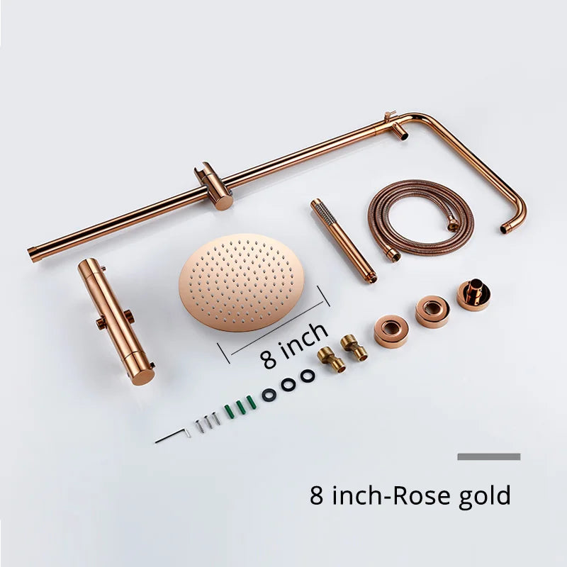Ensemble Douche Thermostatique Mural Rose Gold – Laiton, Pommeau Pluie & Mitigeur | Système Douche Luxe Salle de Bain