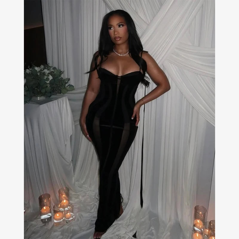 Robe Maxi Femme Velours Noir Transparente Mesh Épaules Dénudées Taille Cinée Slim – Soirée & Club | 2026