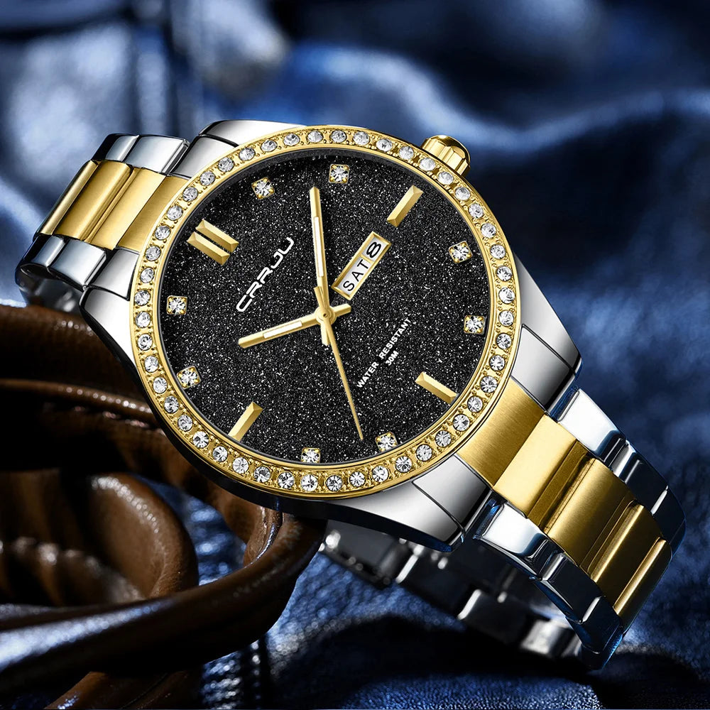 Montre Homme CRRJU Moissanite Diamant Luxe Cadran Doré Acier Inoxydable Lumineux Élégante Premium | Montre CRRJU Moissanite Diamant Luxe Premium