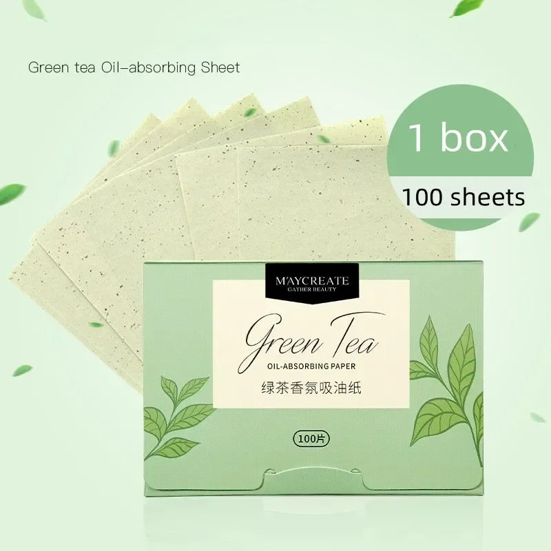 Papiers Matifiants Thé Vert – Lot 100 Pcs Portables | Lingettes Anti-Brillance Visage