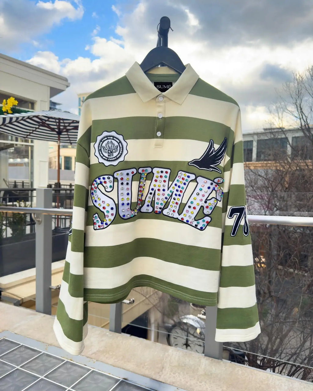 Polo Shirt Unisexe Gothique Broderie Pierre Précieuse Y2K Harajuku Hip-Hop Rayures Col Polo Manches Longues Loose | Polo Gothique Premium