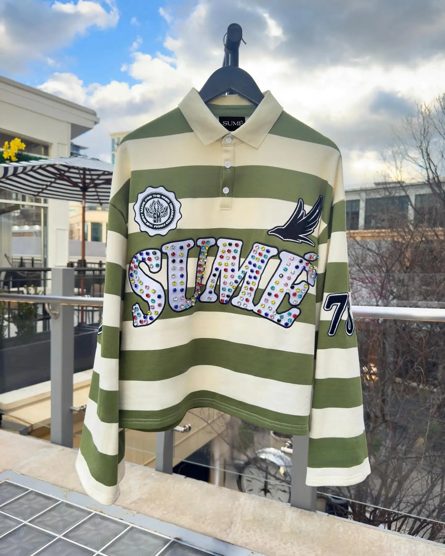 Polo Shirt Unisexe Gothique Broderie Pierre Précieuse Y2K Harajuku Hip-Hop Rayures Col Polo Manches Longues Loose | Polo Gothique Premium