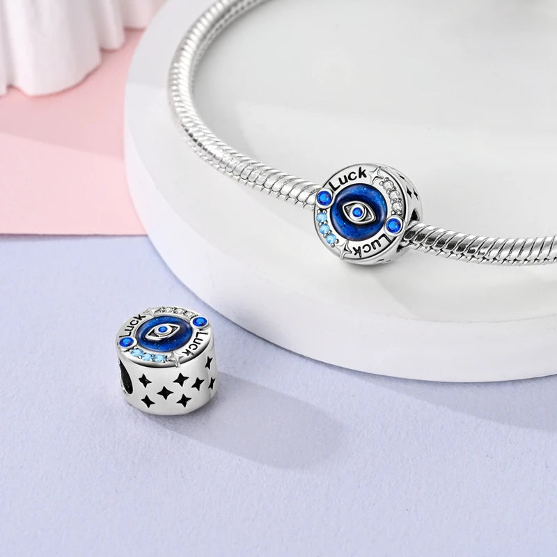 Charm Argent 925 Bleu Rotatif – Œil Démon, Main, Lune & Ciel Étoilé | Perle Pendentif Bracelet Femme | Bijou Spirituel & Mystique