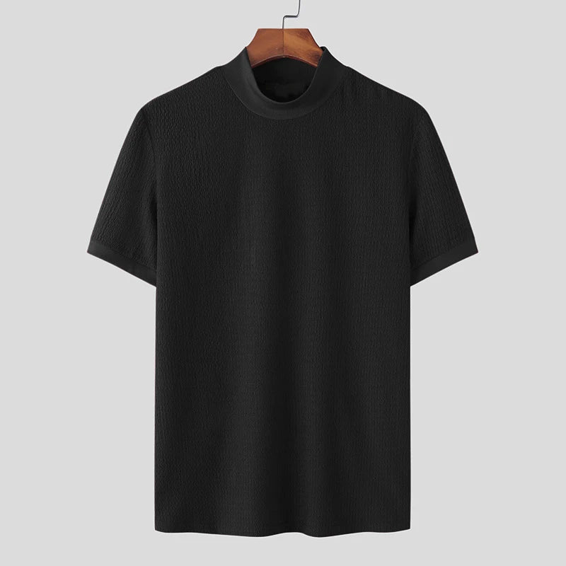 T-Shirt Homme Moulant Col Haut Texturé Couleur Unie Manches Courtes Style Coréen K-Fashion Streetwear Casual Été | Tee Shirt Col Haut K-Fashion Premium