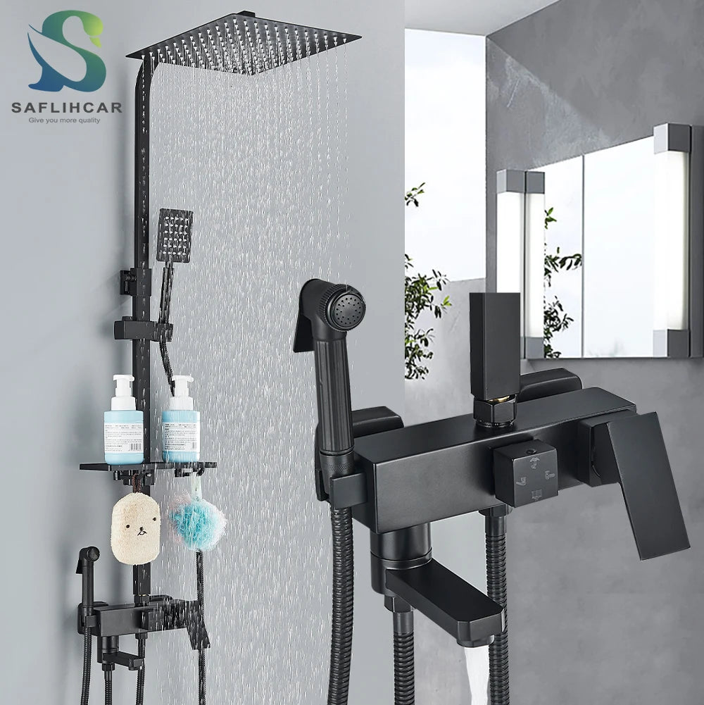 Ensemble Douche Pluie Mural Noir & Chrome Laiton – Étagère Offerte, Mitigeur Eau Chaude & Froide | Système Complet Salle de Bain