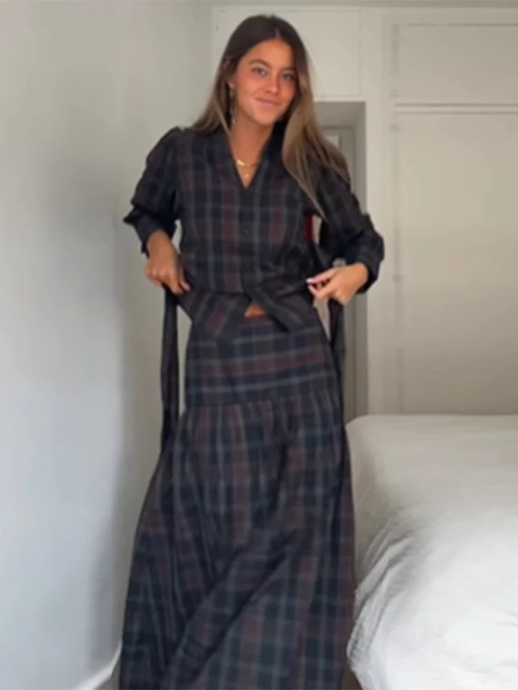 Ensemble 2 Pièces Femme Veste À Carreaux Manches Lanterne Lacets Plissée & Jupe Longue – Tenue Bureau Casual Chic Élégante | Mode