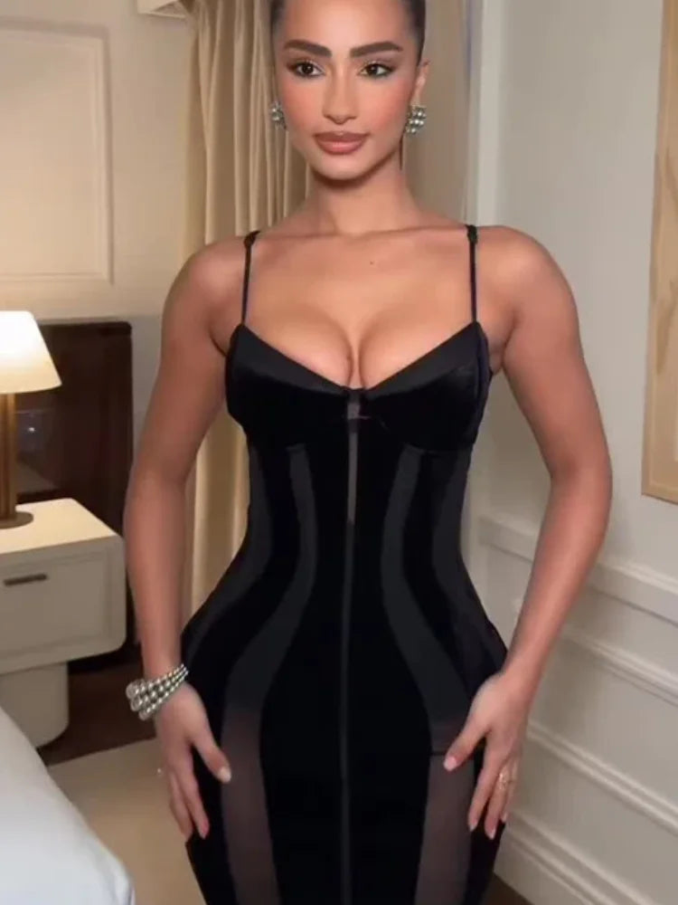 Robe Maxi Femme Velours Noir Transparente Mesh Épaules Dénudées Taille Cinée Slim – Soirée & Club | 2026