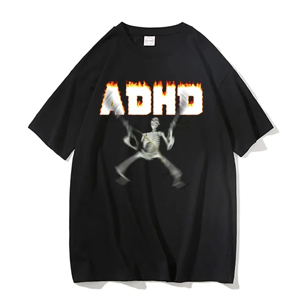 T-Shirt Squelette ADHD Meme Unisexe – Vintage Humour Horror Skull Oversize Hip Hop Été Homme & Femme | Streetwear Funny
