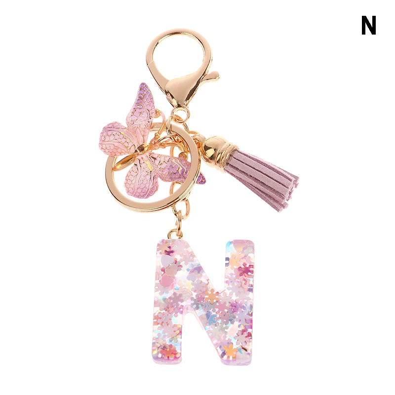 Porte-Clés Lettre Initiale Sequins Femme – Pendentif Papillon Pompon Sac Voiture Bijou