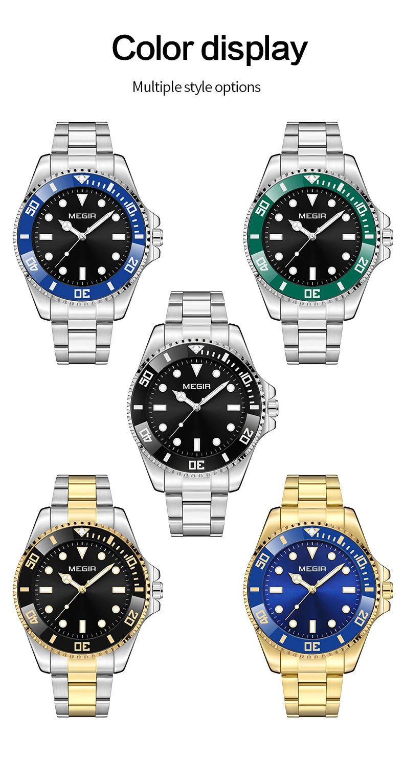 Montre Homme Luxe MEGIR Quartz Acier Calendrier – Classique Étanche Fashion