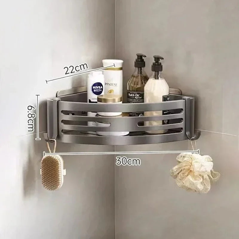 Étagère d’Angle Salle de Bain Aluminium – Sans Perçage Autocollant | Rangement Shampooing & Maquillage