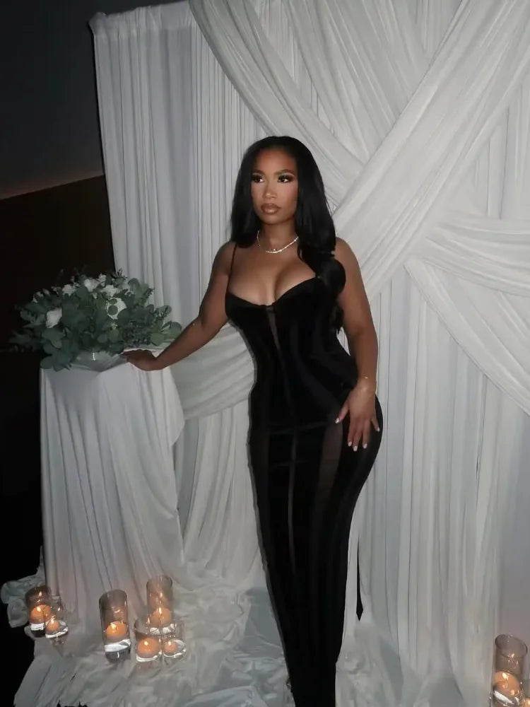 Robe Maxi Femme Velours Noir Transparente Mesh Épaules Dénudées Taille Cinée Slim – Soirée & Club | 2026