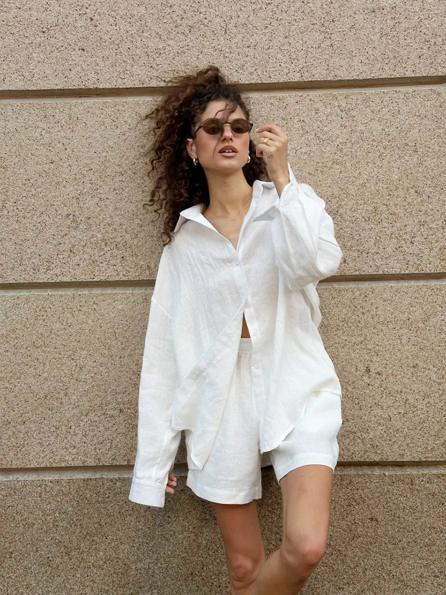 Damen-Zweiteiler aus Baumwolle, legeres Reverskragenhemd mit langen Ärmeln und Hose mit elastischem Bund, einfarbig, bequem – Sommer-Outfit | Bornladies