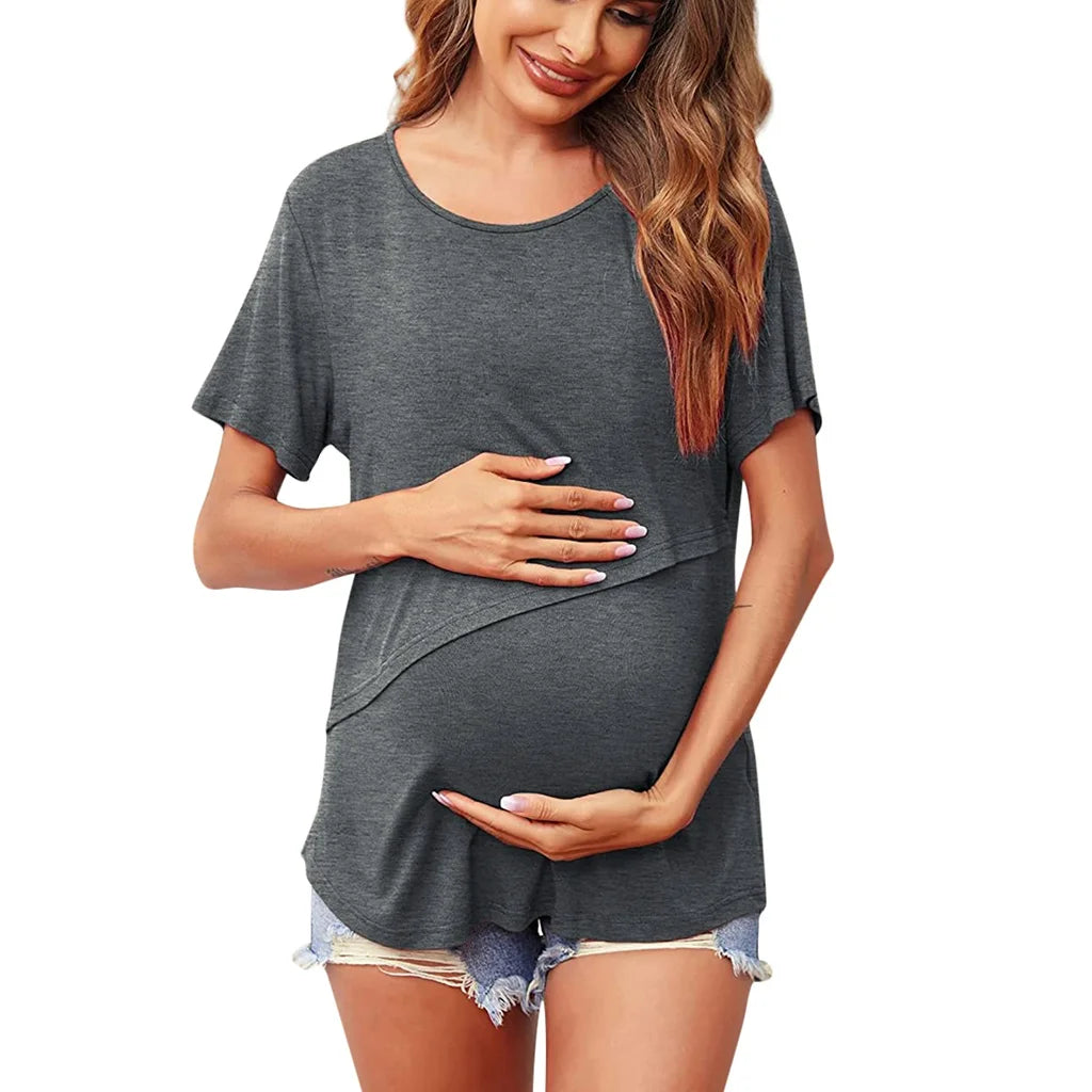 Still-T-Shirt Damen Kurzarm Rundhals – Umstands-Top Asymmetrischer Wickel Casual
