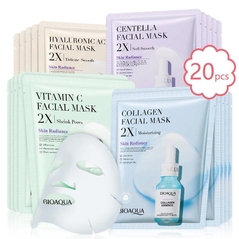 Lot 20 Masques Tissu BIOAQUA Centella & Collagène - Hydratation & Éclat