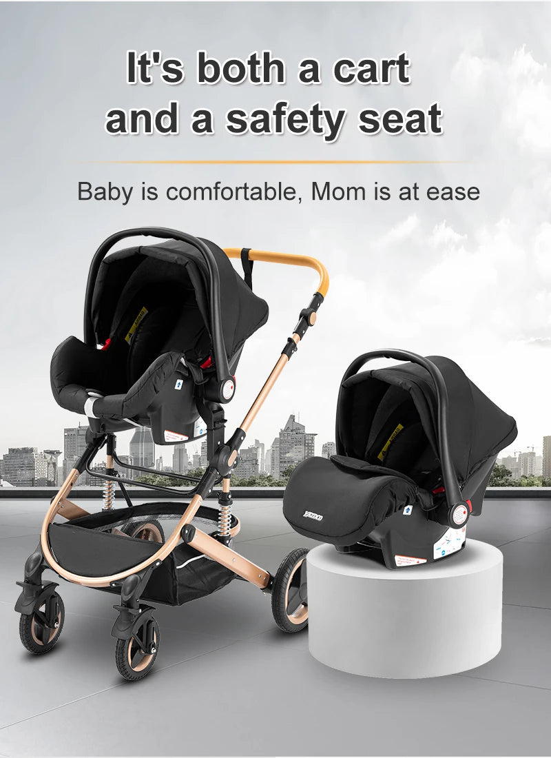 Poussette Bébé 3 en 1 Luxe Pliable Noire – Cadre Aluminium, Haute Vue, Nacelle & Siège | Voyage Nouveau-Né & Nourrisson