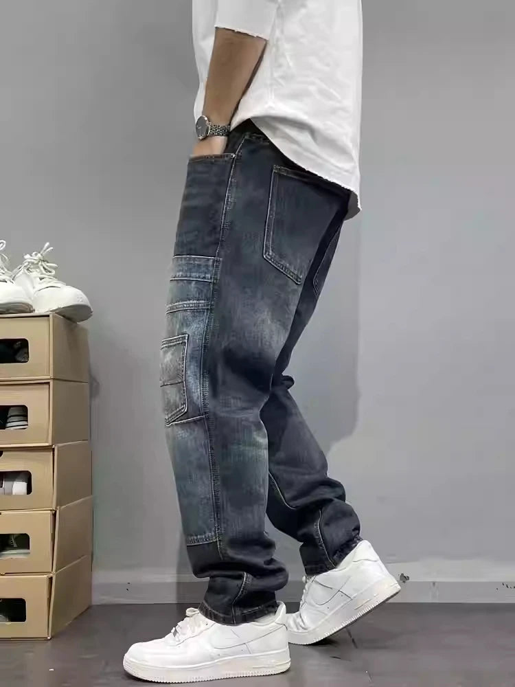 Gerade geschnittene Jeans Patchwork Streetwear 2025 – Japanische Skater-Passform mit mehreren Taschen in großen Größen
