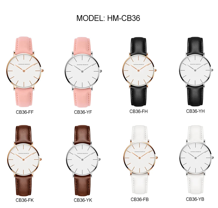 Montre Femme Luxe HANNAH MARTIN Ultra-Fine 36mm Cuir Or Rose – Étanche Élégante Fashion