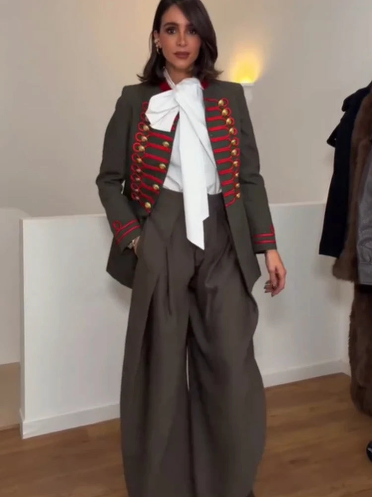 Veste Courte Femme Style Militaire Napoléon Vert Kaki Col Droit Boutonnage Simple – Chic Rétro High Street