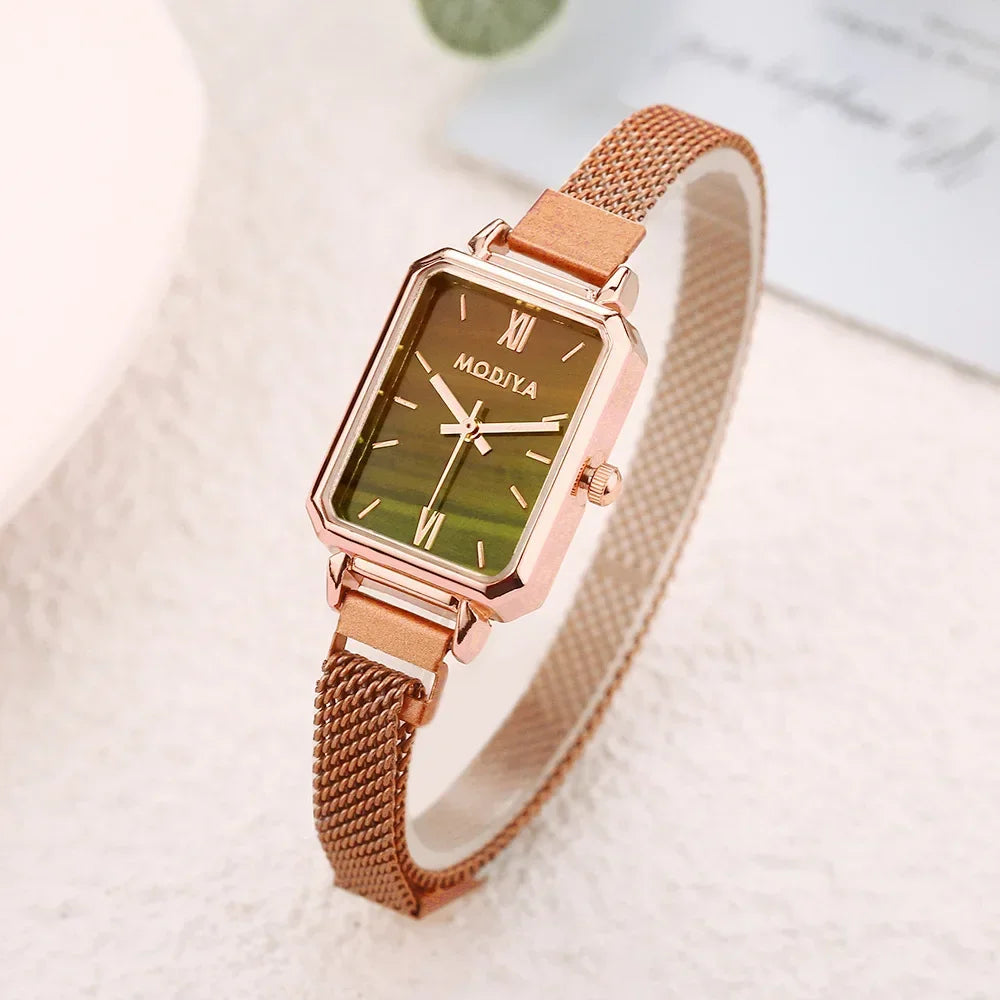 Montre Femme Luxe Carrée Quartz Maille Magnétique Or Rose – Cadran Vert Élégante Minimaliste