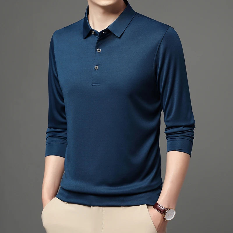 Polo Homme Manches Longues Col Polo Couleur Unie – Casual Élégant Printemps Automne | Mode Homme Premium