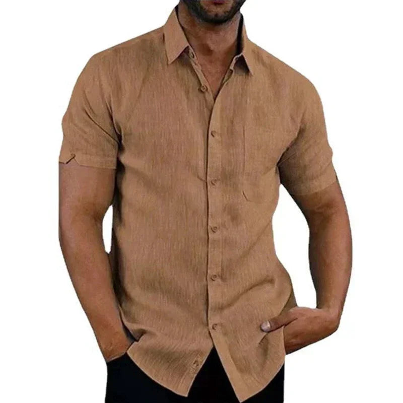 Chemise Homme Lin Coton Été Manches Courtes Casual Uni Col Rabattu Formelle Plage Légère Respirante – Chemise Casual Chic Tendance | Mode Homme Premium