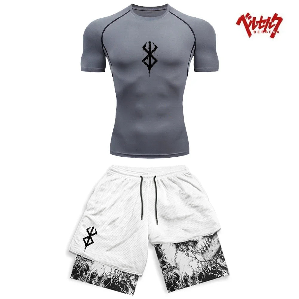 Ensemble Compression Homme Anime Berserk – T-Shirt + Short Gym Séchage Rapide | Running, Fitness & Workout Été | Sportswear Manga