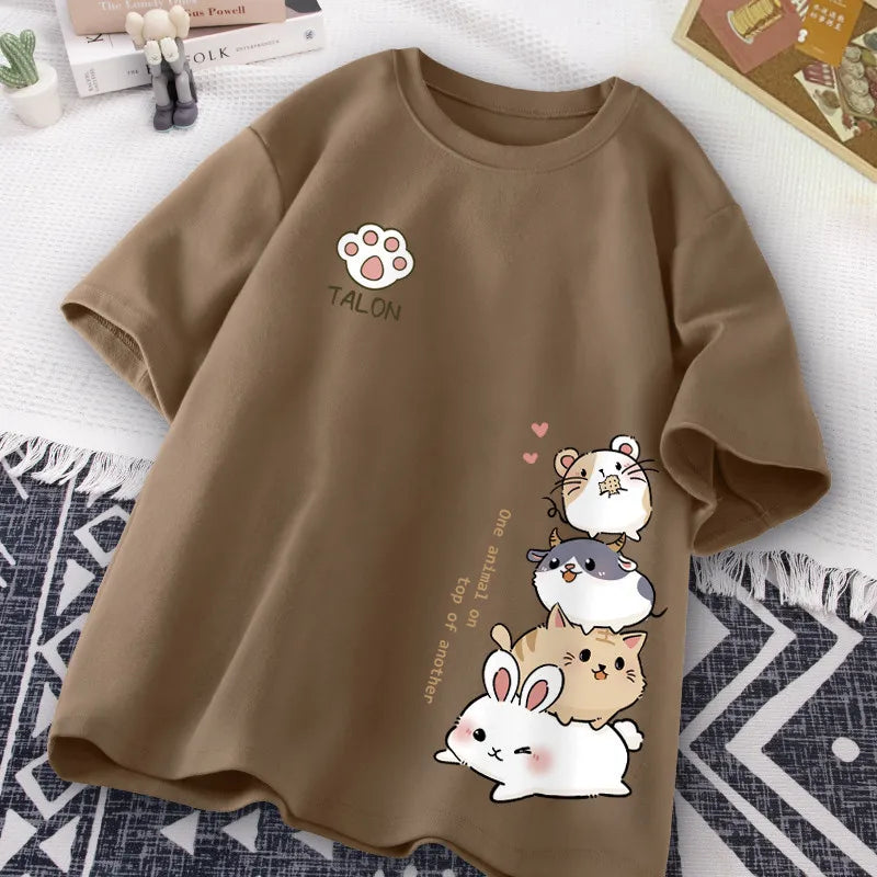 T-Shirt Imprimé Hamster Kawaii Style Japonais Femme – Coupe Loose Casual | Été Cute & Doux