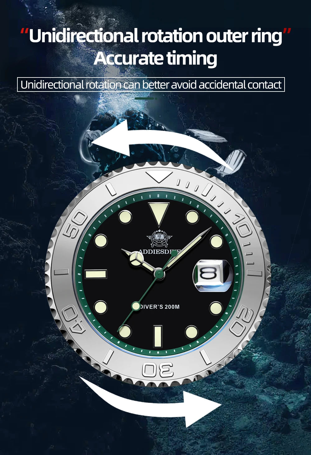 Montre Homme ADDIESDIVE AD2040 Quartz Plongée 41mm – Super Lumineuse 200M Caoutchouc Calendrier