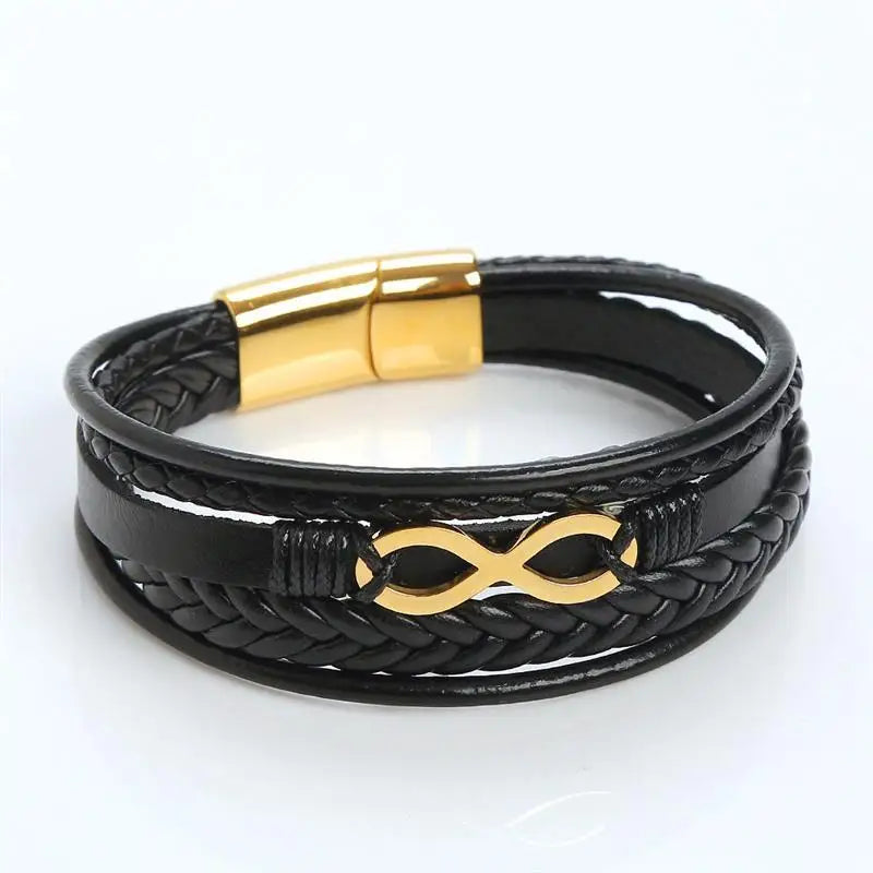 Bracelet Cuir Multi-Rangs Symbole Infini Acier Inoxydable Homme – Style Punk & Biker Authentique | Bijou Homme Streetwear Cadeau Mode Premium