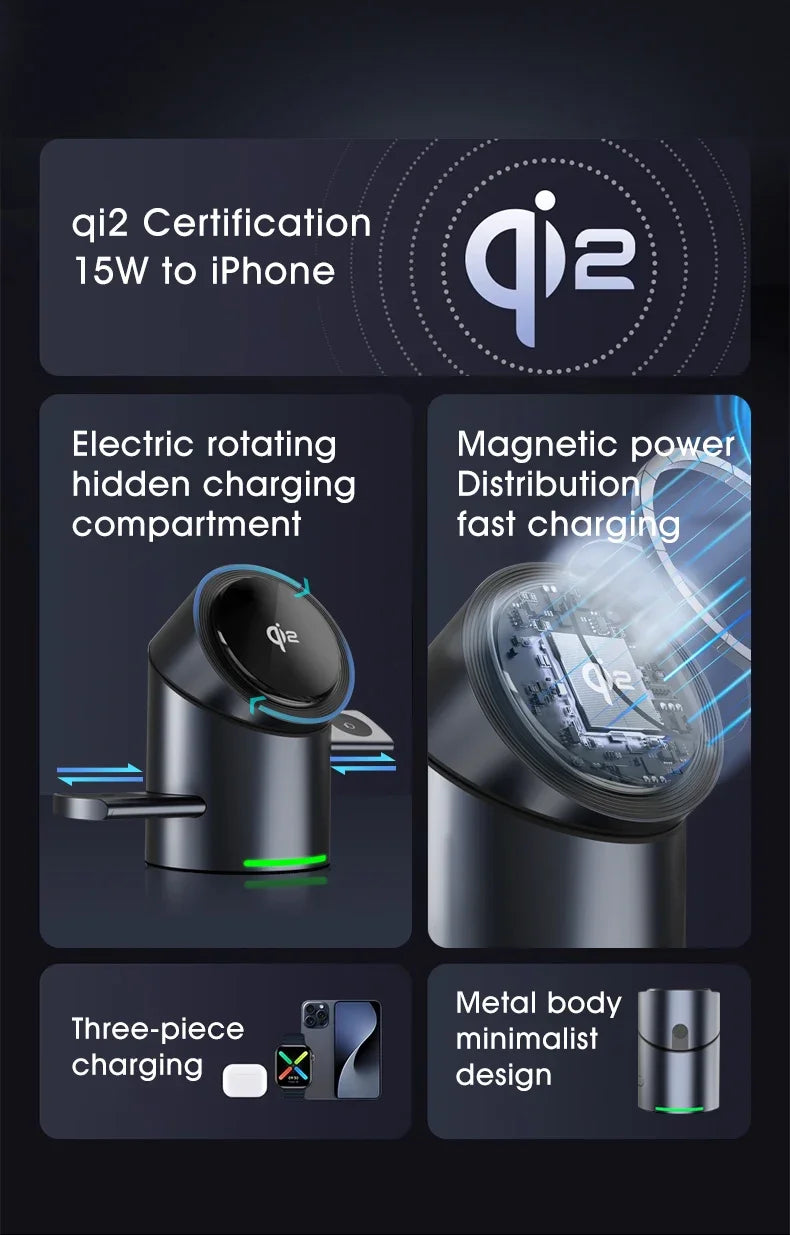 Chargeur Qi2 3-en-1 Multifonction Tactile Rotatif – iPhone 16 15 14 Pro Max iWatch Écouteurs
