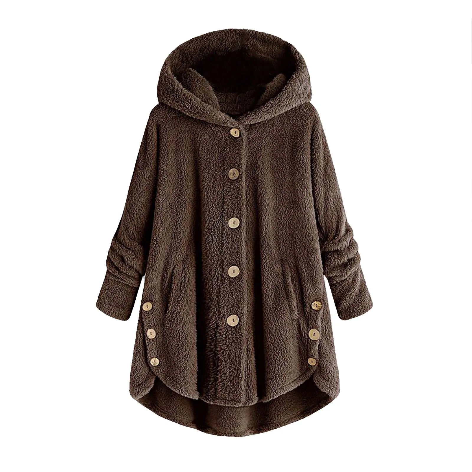 Damen Teddyfell-Mantel mit Kapuze – Warme Fleece-Jacke Unifarben | Herbst Winter Trend